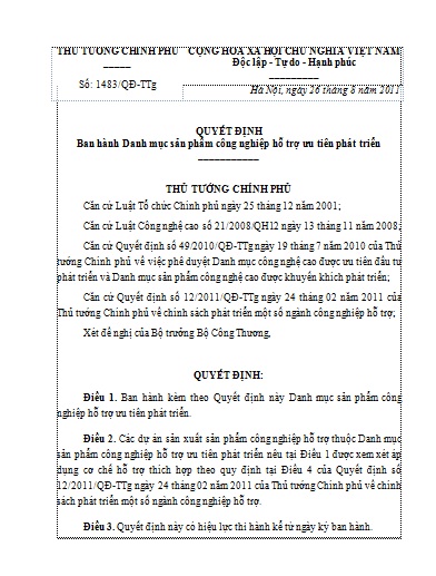 Quyết định số 1483/QĐ-TTg của Thủ tướng Chính phủ: Ban hành Danh mục sản phẩm công nghiệp hỗ trợ ưu tiên phát triển