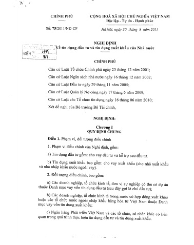 Nghị định số 75/2011/NĐ-CP của Chính phủ: Về tín dụng đầu tư và tín dụng xuất khẩu của Nhà nước